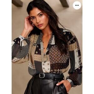 Banana Republic Deco Patchwork Print Blouse Small Tan Black Sheer Geometric Boho